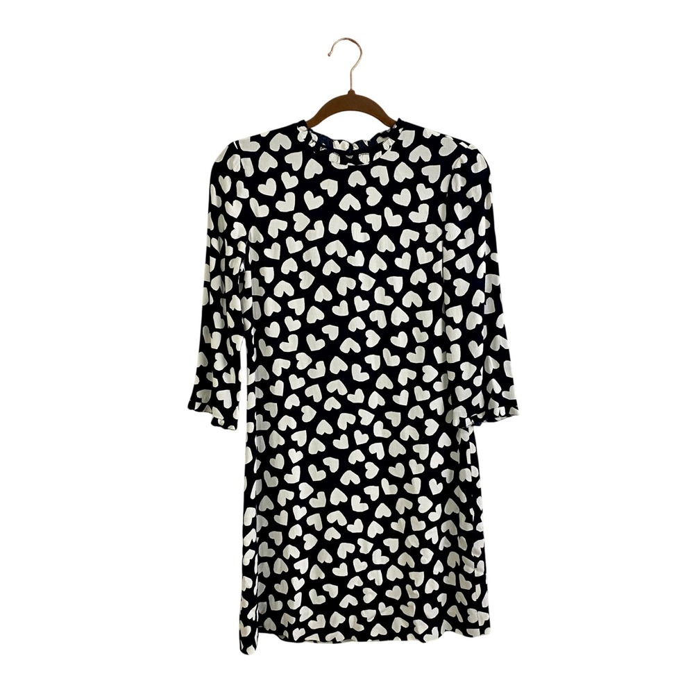 Kate Spade New York Black White Heart Print Ruffle Dress 3/4 Sleeve